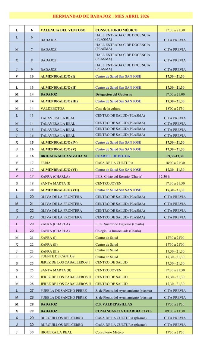 🩸❤️ Tu sangre puede salvar vidas.

Desde <a href="/AFALExtremadura/">A.F.A.L</a> compartimos hoy el calendario de donaciones para este mes de #abril de la Hermandad de Donantes de Sangre de Badajoz.

📍 Busca tu fecha, acude y forma parte de algo muy grande.

#Donasangre #Donavida