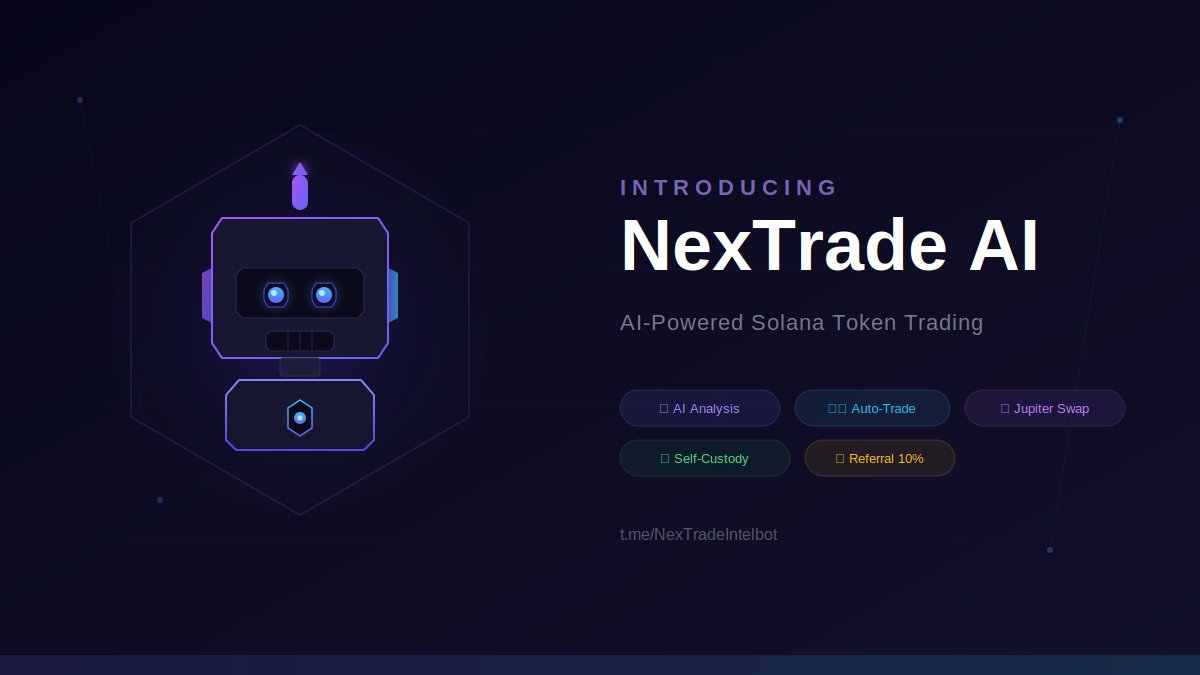 NexTrade_AI's tweet photo. Introducing NexTrade_AI ⚡
The first AI-powered Solana trading bot on Telegram.
Analyze any token in 3 seconds. Auto-trade 24/7. Swap on-chain via Jupiter. https://t.co/wBobXc9Dgh