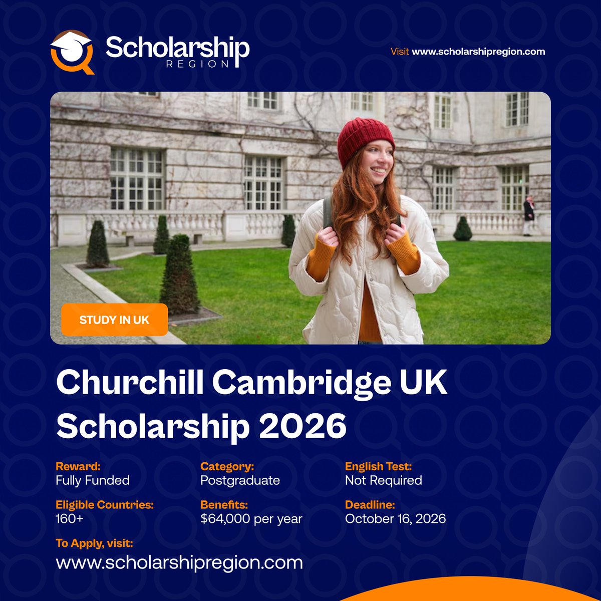 scholarsregion's tweet image. List of Scholarships in Canada without IELTS/TOEFL requirements 2026 #SRThread

UBC Public Scholars Award in Canada
scholarshipregion.com/ubc-public-sch…
 
University of Alberta Churchill Cambridge Scholarship in UK 2026 | Fully Funded
scholarshipregion.com/churchill-camb…

Canadian International