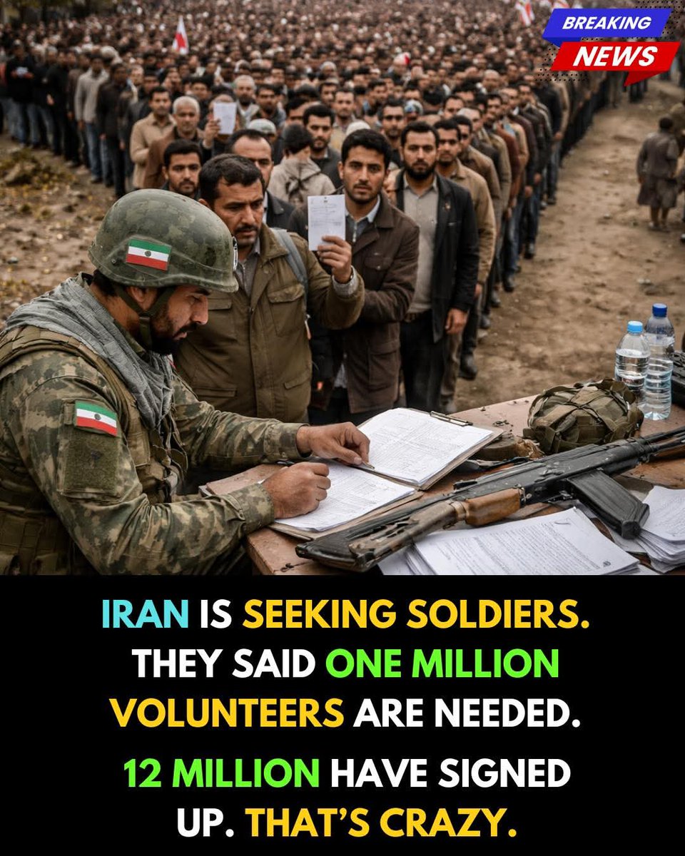 AFRICANDEMOC's tweet photo. Iran has launched a massive call for manpower, aiming to mobilize around one million fighters as tensions escalate.  ￼ But what’s truly staggering is the response—reports and claims suggest that far beyond the target, millions have stepped forward, with figures like 7 million or more being mentioned as ready to fight. 

Now imagine this: a nation asks for one million volunteers, and the response comes back not in thousands—but in the millions. Some narratives even push that number as high as 12 million people signing up, signaling an overwhelming surge of national mobilization.

It’s the kind of scale that’s hard to wrap your head around. Whether driven by patriotism, pressure, or fear of conflict, the sheer volume of people willing to step forward transforms this from a military effort into something much bigger—a reflection of mass sentiment, intensity, and the high stakes surrounding the situation.
