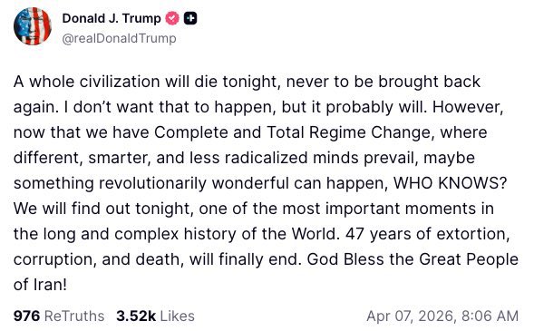 And I’m wondering if the generals of the US Armed Forces will follow his order… It’s really going to be a war crime and will make America the greatest terrorist of all time. Oops, maybe second only to Israel. 

#Israël #ISRAELSURRENDER #IranWar‌ #magamillions