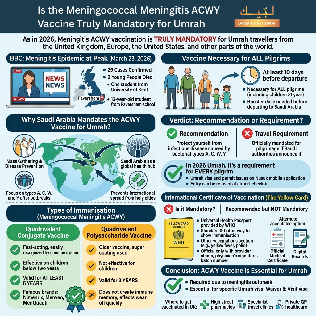 LabaikHajjUmrah's tweet photo. URGENT: Is your #Umrah 2026 trip at #risk?
The #ACWY Meningitis vaccine is no longer just recommended—it is MANDATORY. Don't get turned away at the #airport or risk your #health.
https://t.co/wICLC4MGEo
#Umrah2026 #MeningitisVaccine #UmrahTips #SaudiArabia #TravelAlert https://t.co/fPaFSXiV1e