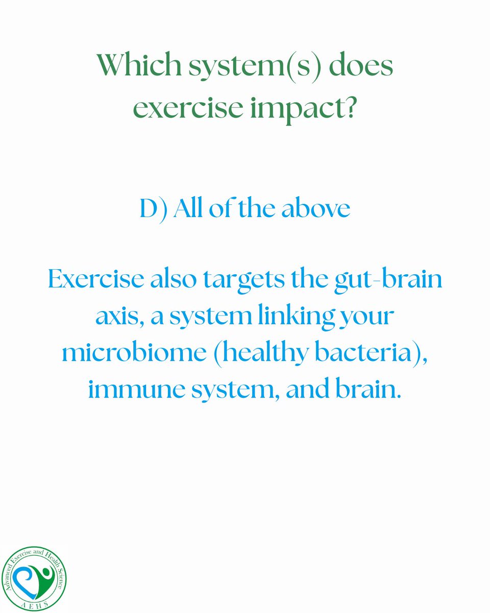 AdvExHlthSci's tweet image. Exercise = a single intervention that impacts multiple systems at once, especially relevant for aging and chronic disease. Test your knowledge with our quiz adapted from a new AEHS review!

#AEHS #GutBrainAxis #ExerciseScience #Microbiome #BrainHealth #HealthyAging