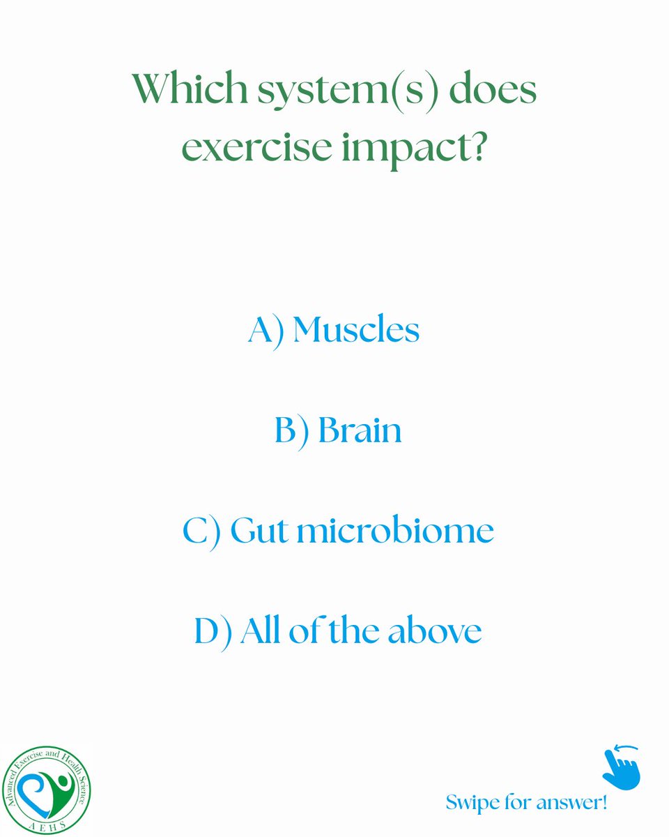 AdvExHlthSci's tweet image. Exercise = a single intervention that impacts multiple systems at once, especially relevant for aging and chronic disease. Test your knowledge with our quiz adapted from a new AEHS review!

#AEHS #GutBrainAxis #ExerciseScience #Microbiome #BrainHealth #HealthyAging