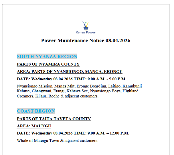 KenyaPower_Care's tweet image. Good evening,
Please be advised that there will be a scheduled power interruption as outlined in the attached notice:
 Date: Wednesday, 08.04.2026
 Time: 9.00 A.M. – 5.00 P.M.^BN
