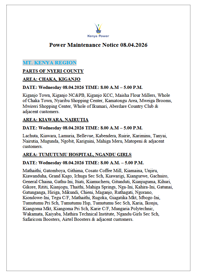 KenyaPower_Care's tweet image. Good evening,
Please be advised that there will be a scheduled power interruption as outlined in the attached notice:
 Date: Wednesday, 08.04.2026
 Time: 9.00 A.M. – 5.00 P.M.^BN