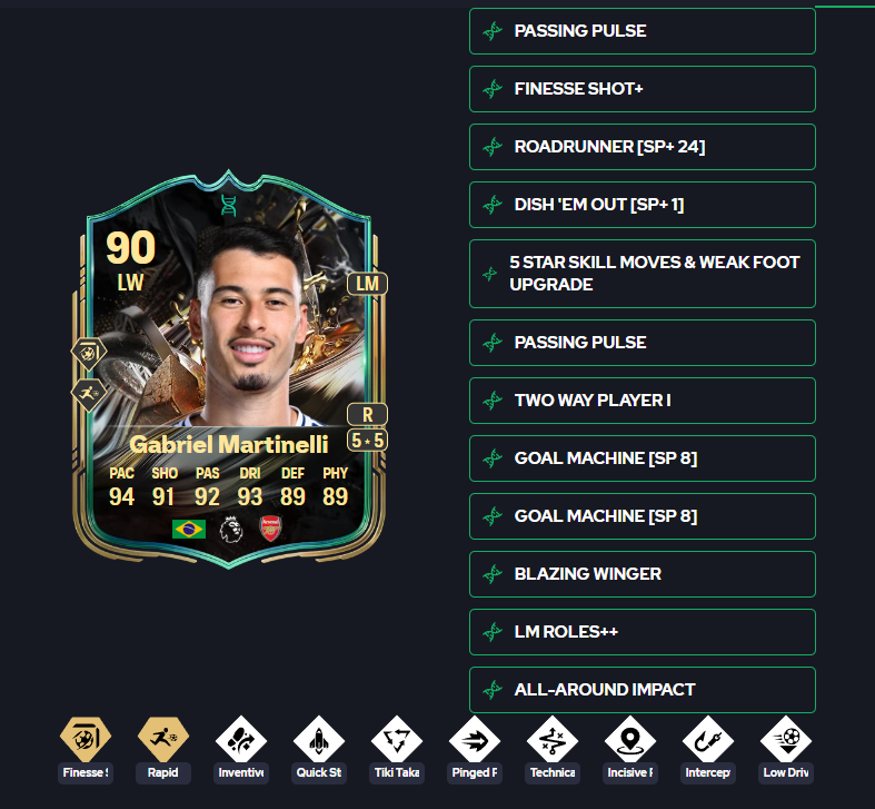 xBraedenFC_'s tweet photo. 🚨 LAB ALERT 🚨

ONE OF THE BEST IN YESTERDAY’S EVO “BLAZING WINGER” 🔥

MARTINELLI 🇧🇷

ALMOST FULL 90 😮‍💨

94.0 META 📈

Finesse+ 🥶
Rapid+ ⚡

-Quick Step 🚀
-Technical
-Tiki Taka
-Pinged Pass
-Low Driven
-Incisive
-Inventive
-Intercept

94 Pace ⚡
93 Dribbling 🕺
92 Passing

THIS CARD IS TOO FAST 😈

#EAFC #EVO #Meta