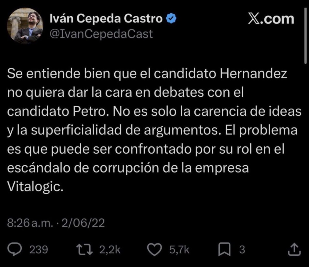 Senador <a href="/IvanCepedaCast/">Iván Cepeda Castro</a>

Se entiende bien que el candidato Cepeda no quiere dar la cara en debates. No es solo la carencia de ideas y la superficialidad de argumentos. El problema es que puede ser confrontado por sus relaciones con grupos criminales.