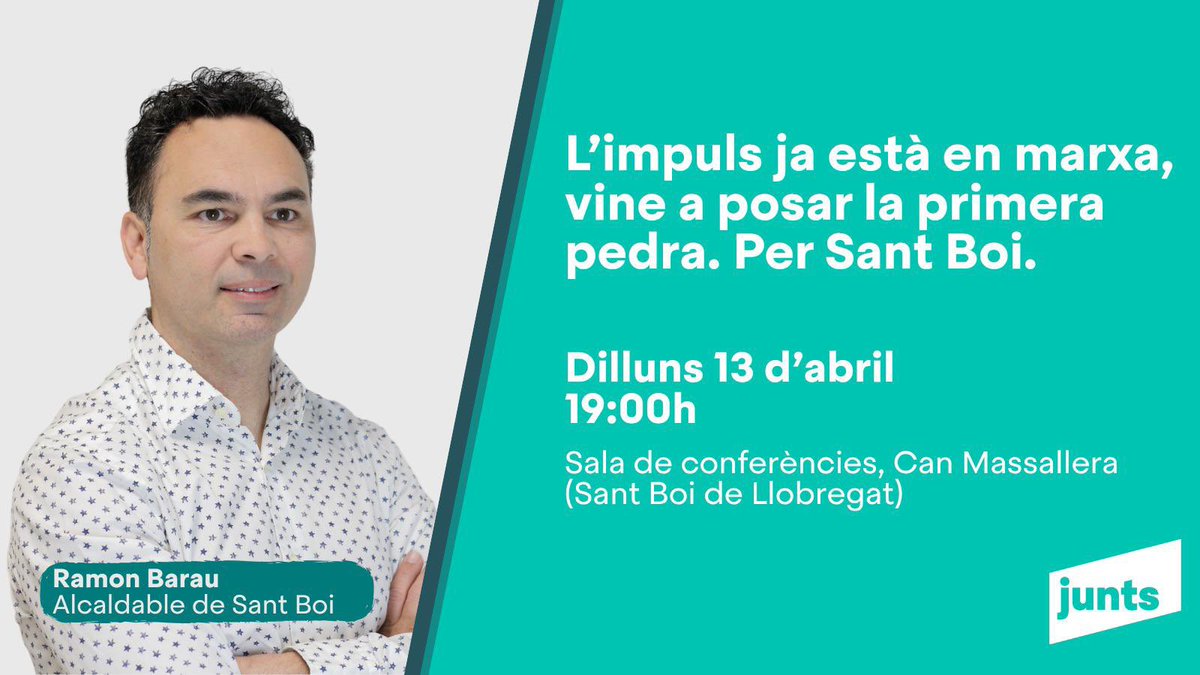 JuntsXSantBoi's tweet photo. Estem llestos per portar noves idees i energia a Sant Boi. 

T'esperem el proper dilluns per posar junts la primera pedra d'un futur millor per a tots!

🗓️ Dilluns 13 d'abril, 19:00h
📍 Can Massallera (Sala de conferències), Sant Boi

#SantBoi #Junts https://t.co/0rshewSm9o