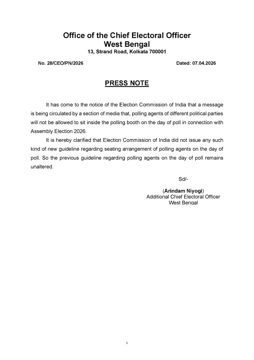 CEOWestBengal's tweet photo. #PressNote

@ECISVEEP @SpokespersonECI @PIBKolkata @airnews_kolkata https://t.co/HolNe6l9BD