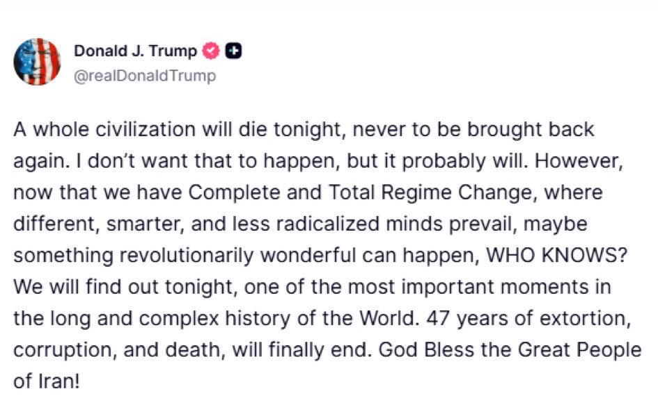 EsvardJ's tweet photo. One day it’s ‘liberate Iran,’ the next it’s ‘wipe out a civilization.’
And this is what they call leadership of the free world?
Make it make sense. https://t.co/9AnbnWXG99
