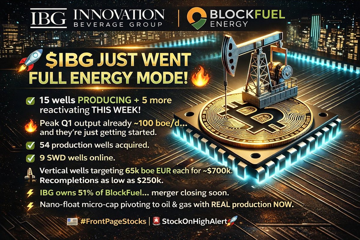 🚀 $IBG JUST WENT FULL ENERGY MODE! 🔥
finance.yahoo.com/sectors/energy…
15 wells PRODUCING + 5 more reactivating THIS WEEK! Peak Q1 output already ~100 boe/d… and they’re just getting started. 

54 production wells acquired. 9 SWD wells online. Vertical wells targeting 65k boe EUR each