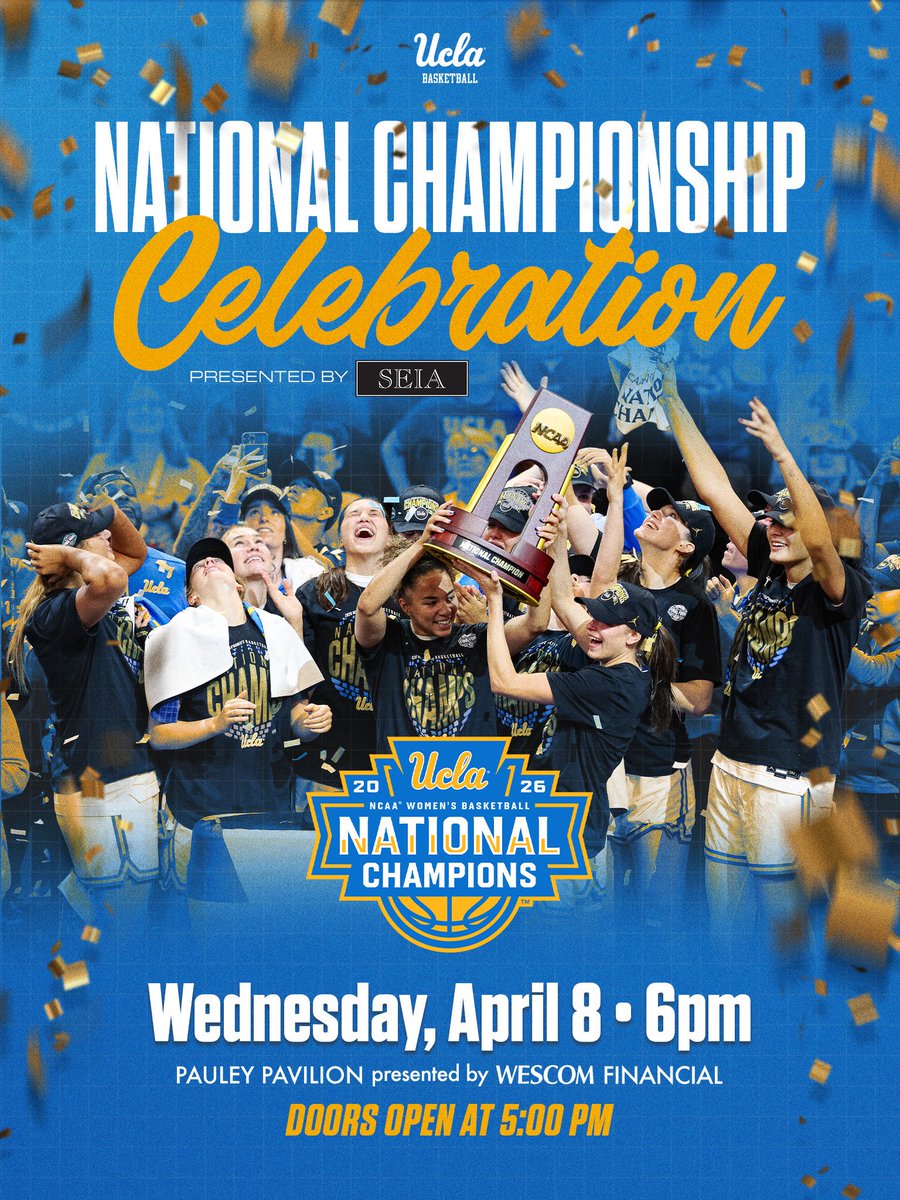 Celebrate with the Bruins tomorrow! 🏆🎉🥳

Admission is free, RSVP using the ticket link below!

🏟️: Pauley Pavilion presented by Wescom Financial 
🚪: open @ 5 pm PT
🎟️: ucla.evenue.net/events/WBBNCAA

#GoBruins