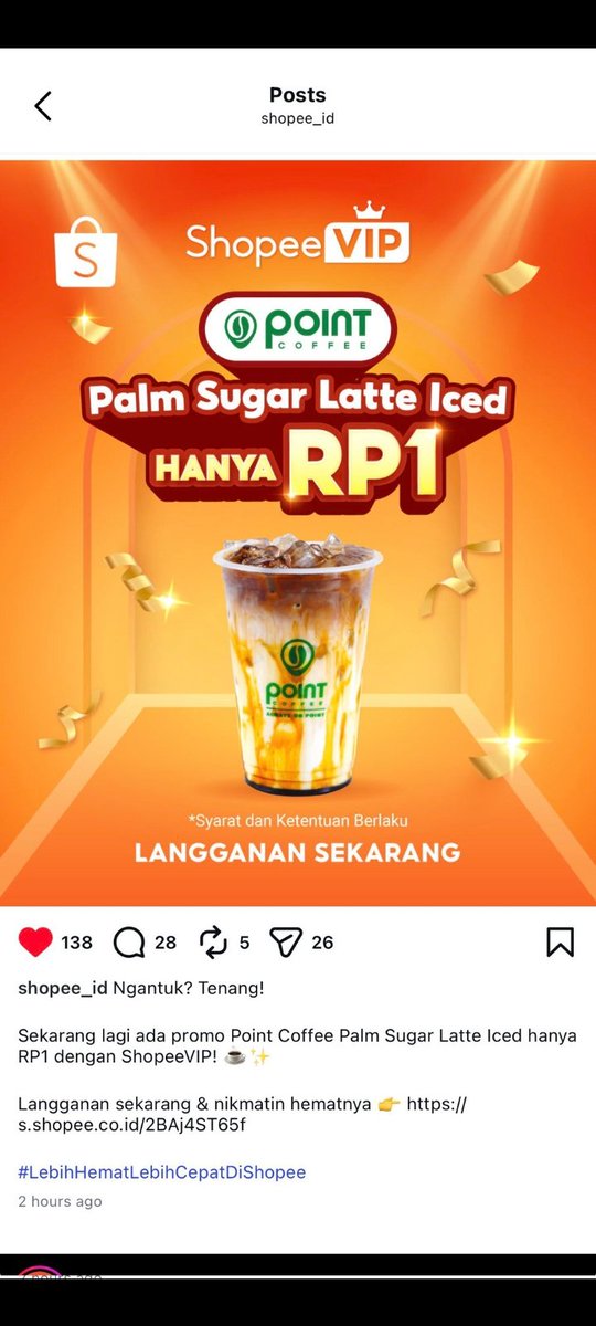 ManYT62029's tweet photo. lagi butuh kafein tapi dompet tipis? tenang ada shopeevip 🤭 kopi rp1 gaskeun #ShopeeVIPPointCoffeeRP1 https://t.co/YgoJh6s5zq