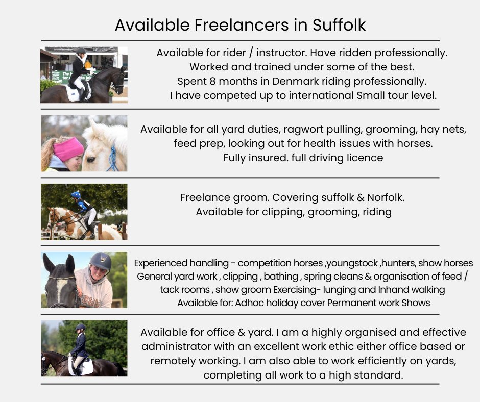 TallyHOTalent's tweet image. Just some of our great freelancers who are available right now!

Do you need cover?

#freelancer #equine #horseracing  #suffolk