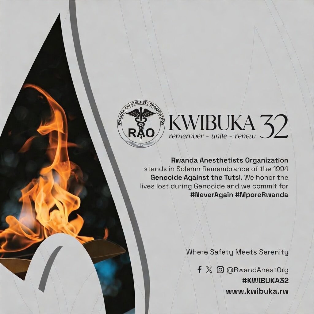 RwandAnestOrg's tweet photo. “Today, as we #Kwibuka32,
the Rwanda Anesthetists Organisation stands in Solemn Remembrance of the 1994 Genocide Against the Tutsi. We honor the lives lost during Genocide and we commit for #NeverAgain”
#MporeRwanda 🕯️ https://t.co/FbIjSKqOPd