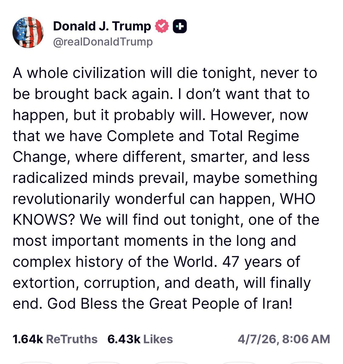 Donald Trump just threatened to unilaterally destroy an entire civilization.

Is there genuinely no limit to what Republicans will allow this unhinged, unwell man to do? 

Congress must come back to Washington to rein in this dangerous behavior immediately.