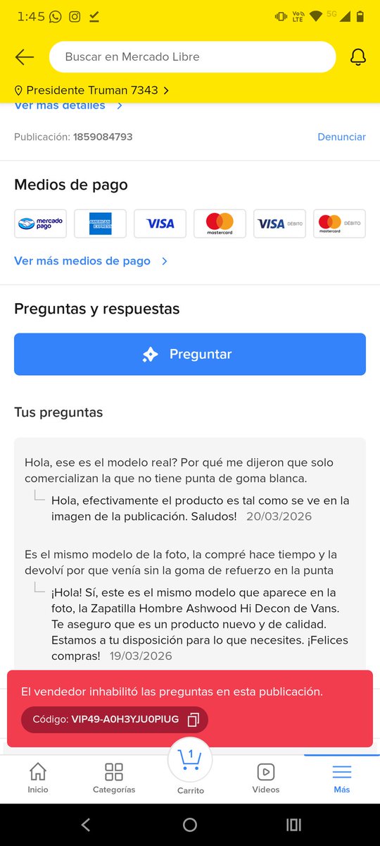 Listentosick's tweet photo. No compren la @Vans Ashwood Hi Decon que está en @Mercadolibre publicidad engañosa, ofrecen un modelo y envían otro, @vans no se hace responsable y uno debe hacerse cargo de la devolución.
Pregunté por el modelo antes de comprarla y me dijeron que si. inhabilitaron las preguntas. https://t.co/7KODeEweca