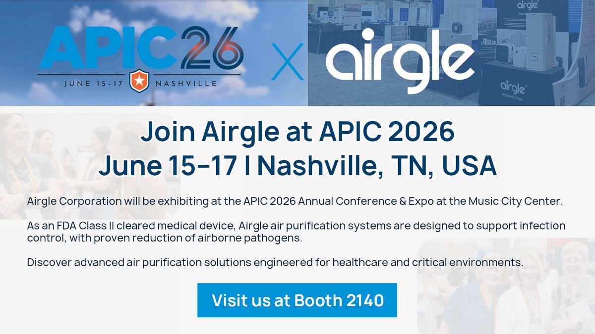 Airgle at APIC 2026 | Nashville, TN | June 15–17
Visit us at Booth 2140 to explore advanced air purification solutions for healthcare.

#APIC2026 #InfectionControl #MedicalDevices #Airgle