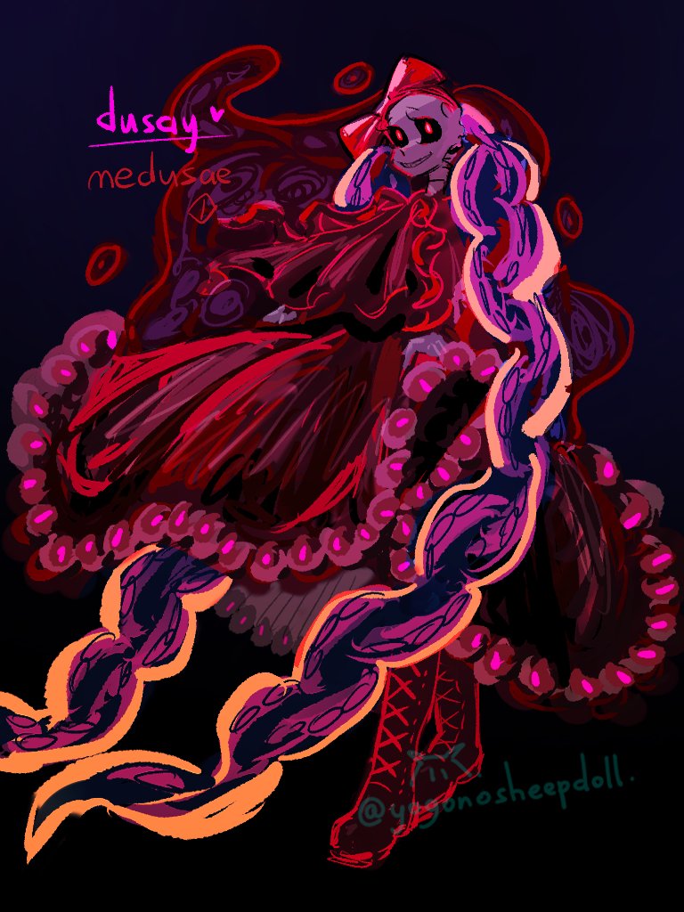 #horrorlust #shipchild 
dusay更像horror的感觉belike

想根据冥河水母（Stygiomedusa gigantea）为dusay画一套服饰，但失败了。她看起来像被某种怪东西附身了。
顺便，她实际上更喜欢可爱风格的裙子。不过她已经习惯于和horror一起纵容Lust的穿衣品味。（这就是她平时的穿着风格更接近lust的原因）