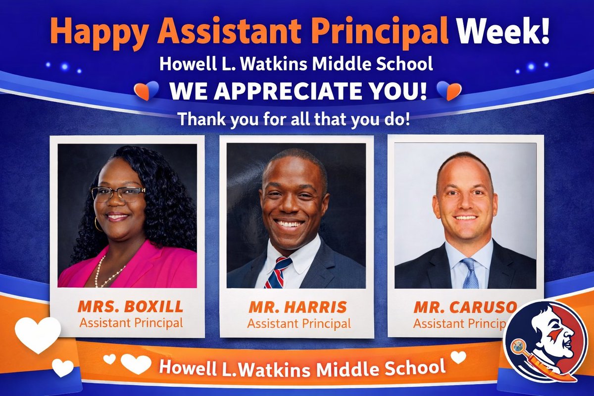presleycharles's tweet photo. Happy AP Week! @WatkinsSeminol1  Shoutout to Mrs. Boxill, Mr. Harris &amp; Mr. Caruso for leading with heart, purpose &amp; excellence! 💙🧡 #HLWatkins https://t.co/x6hwgAvHZP