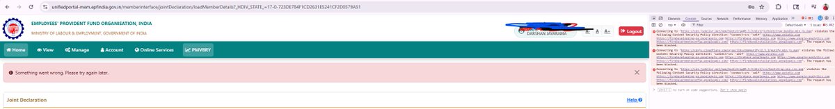 itzdarsh's tweet photo. @officialepfo @nsitharamanoffc @LabourMinistry @nsitharaman @FinMinIndia @LabourMinistry still the issue exist, it is not grievance, it is website issue you should resolve

Connecting to 'https://t.co/2CAvtEKvtx' violates the following Content Security Policy directive: "connect-src 'self' https://t.co/G9n6iVsV9o https://t.co/FXYRzXiBYG