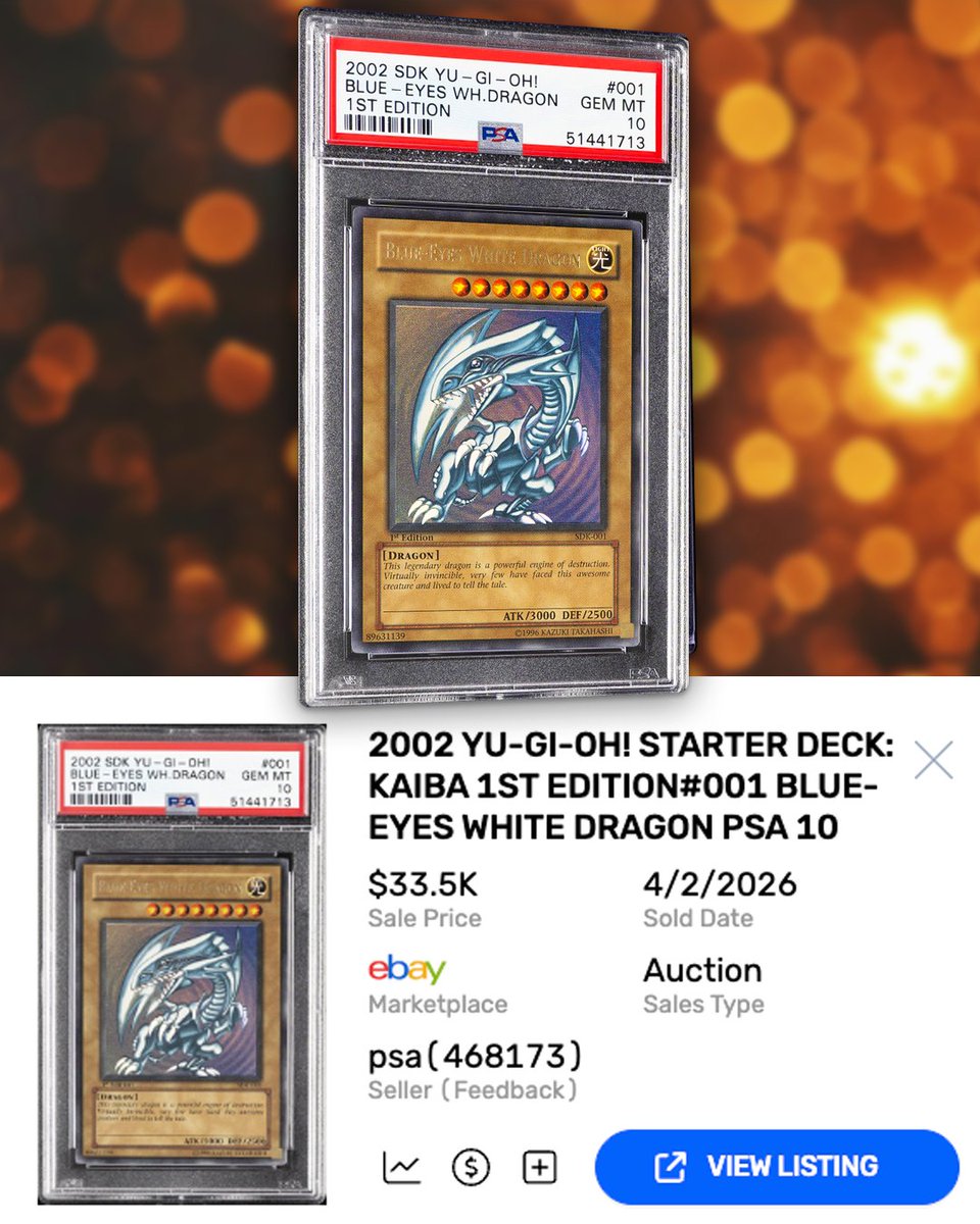 Is Yu-Gi-Oh next up or what  This 2002 Yu-Gi-Oh! Starter Deck: Kaiba 1st  Edition PSA 10 Blue-Eyes White Dragon just set a new high at $33,500.  According to @PSAcard, it's up