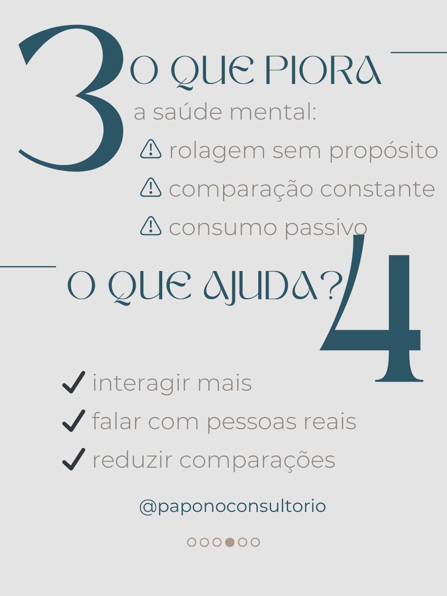papoconsultorio's tweet image. Você não precisa parar de usar redes sociais para proteger sua #saúdemental.

Mas precisa mudar COMO usa.

✔ pausa total → menos ansiedade
✔ uso consciente → menos solidão

O problema não é a rede.
É o uso sem propósito.

👉 Você usa ou só rola?