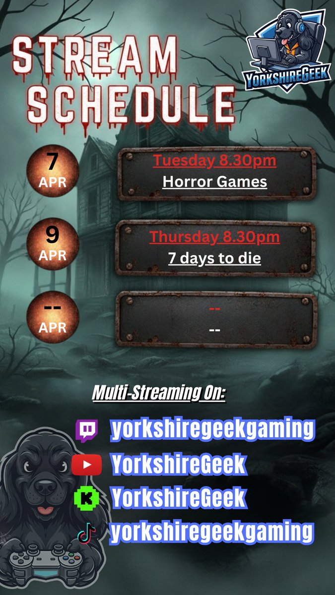 YorkshireGGames's tweet image. This week's stream schedule! 

So I believe I have fixed obs now 😅 so will be on tonight for some horror games and then on Thursday with @KieranKilgour2 for more 7 days to die shenanigans 😁

Catch you all tonight for some scares 😱 
#horrorgames #livestreaming #Youtube #twitch