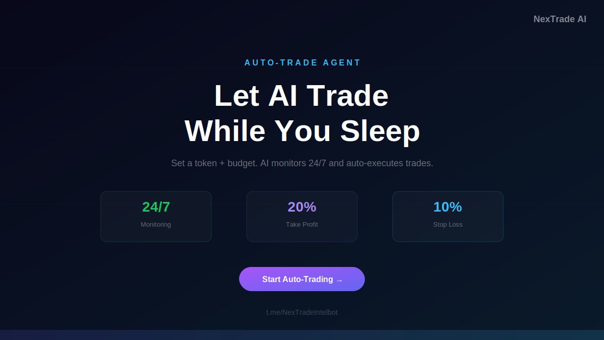 NexTrade_AI's tweet photo. What can @NexTrade_AI actually do? ⚡

🤖 AI scans any token in 3 seconds — signal, risk, TP/SL
💬 Ask AI anything about crypto markets
⚙️ Auto-trade agent runs 24/7 while you sleep
🔄 On-chain swaps via Jupiter — sub-second execution
💳 Self-custody wallet — export keys anytime
💸 Withdraw to any wallet — $0 platform fee
🔗 Refer friends — earn 10% of their trade fees forever
📊 Track positions with real-time PnL

One Telegram bot. Eight utilities. Zero fluff.

Try it → https://t.co/5IfMmFCm7F