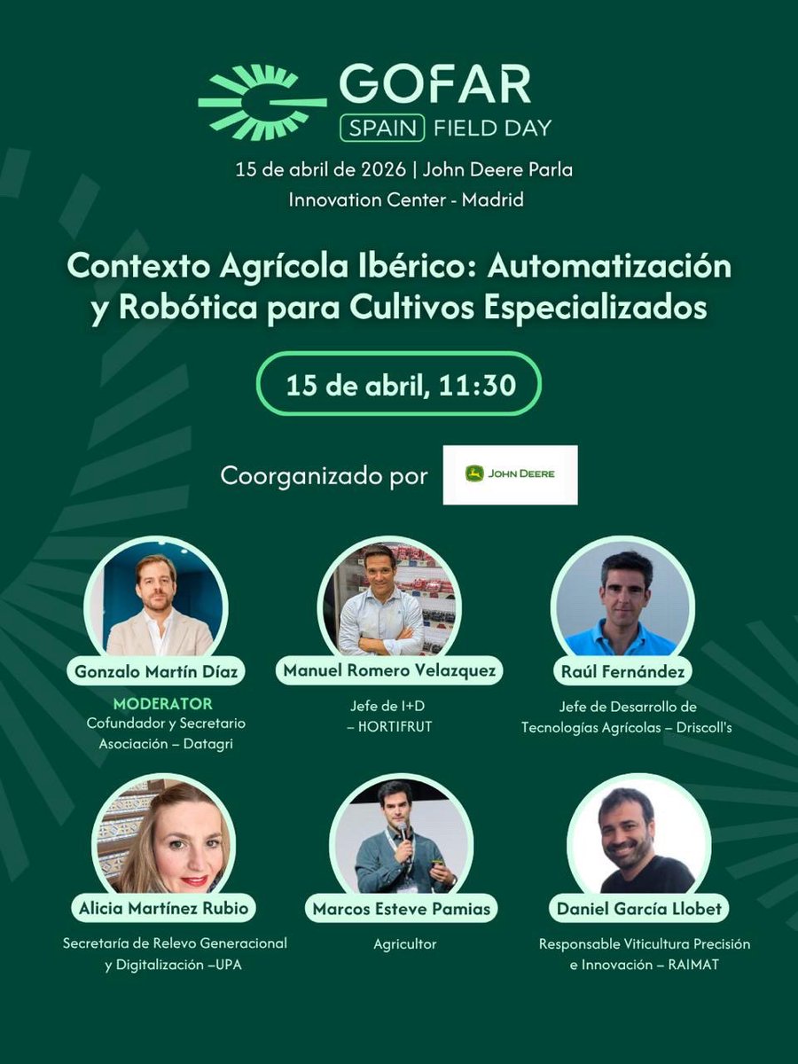 gofar_fira's tweet image. Contexto Agrícola Ibérico: Automatización y Robótica para Cultivos Especializados 

💡 Un intercambio directo entre profesionales para entender cómo pasar de la innovación a la adopción concreta en el terreno. Coorganizado por @JohnDeere 

#GOFARtour26 #AgRobotics #AgTech