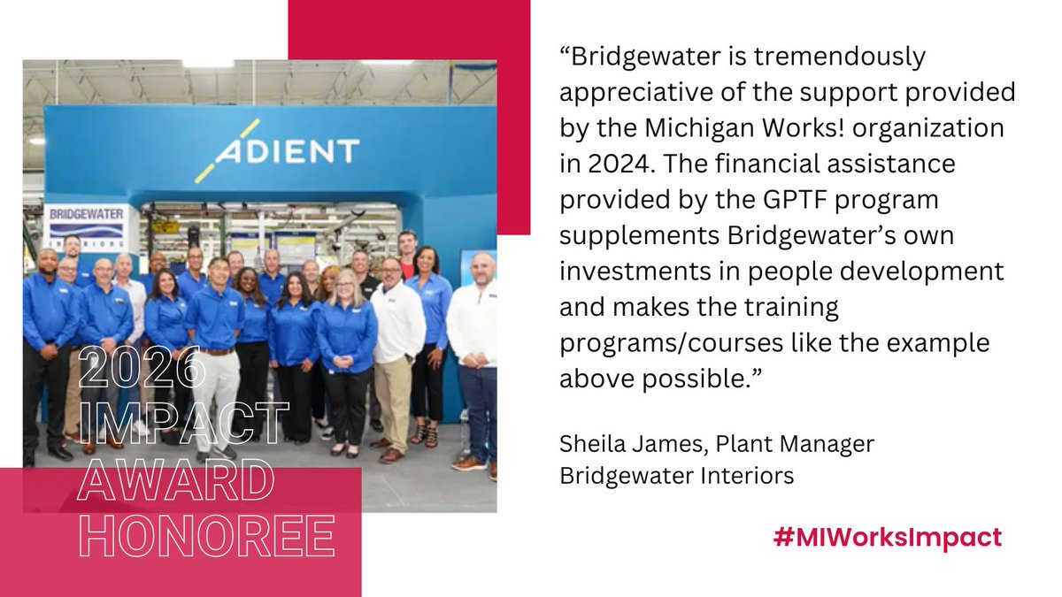 MichWorksAssn's tweet image. Congrats to Bridgewater Interiors, named by @CAMWJobs as a 2026 Michigan Works! Impact Award honoree! 

Looking forward to celebrating their story on April 8 at the Michigan State Capitol. #MIWorks #MIWorksImpact