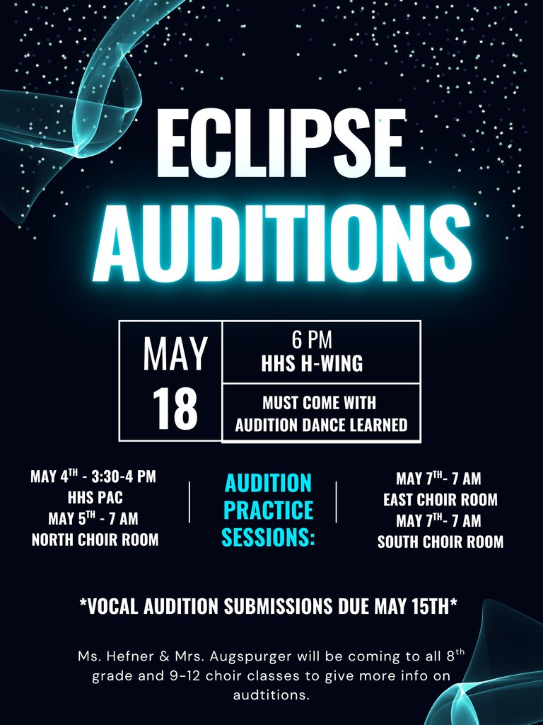 HSMSTigers's tweet photo. 🌟 Eclipse Auditions are coming! 🌟

🗓 May 17 | ⏰ 6 PM | 📍 HHS H-Wing

Don’t forget—come prepared with the audition dance learned!
🎤Vocal submissions due May 15
🎤Practice sessions available—check dates! https://t.co/gZo9AjW0LK