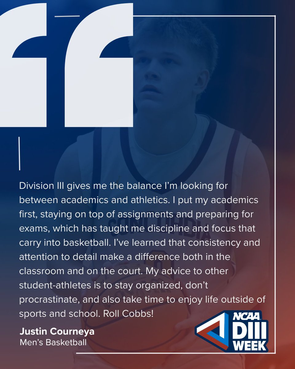 CobberSID's tweet photo. In honor of DIII Week, today we’re highlighting academic achievements. Hear from Justin Courneya, Men’s Basketball, on balancing athletics and academics, and what it truly means to be a Cobber student-athlete. #D3Week #WhyD3 #RollCobbs https://t.co/ydabVsl8Mr