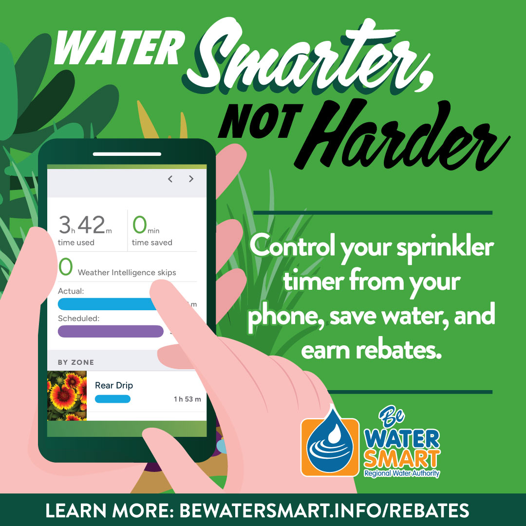 Be_Water_Smart's tweet photo. Water smarter, not harder 💧📱 

Upgrade to a smart sprinkler controller—one that automatically adjusts your watering based on the weather—and take advantage of available rebates. 

Visit https://t.co/n7lyoLJKlV and see what you qualify for. #BeWaterSmart https://t.co/VPaKiDbb21