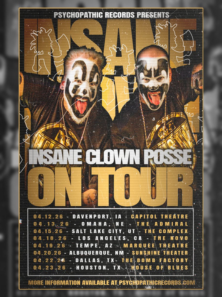The wagons are loading…
5 days until Insane Clown Posse hits the road.

ICP TOUR DATES: 🎟 🔗 fanlink.tv/ICPTICKETS
• 04.12.26 - Davenport, IA @ Capitol Theatre
• 04.13.26 - Omaha, NE @ The Admiral
• 04.15.26 - Salt Lake City, UT @ The Complex
• 04.18.26 - Los Angeles, CA
