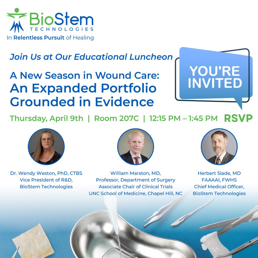 BSEM_Tech's tweet photo. If you're attending SAWC Spring this week, be sure to RSVP for our lunchtime symposium! 'A New Season in Wound Care: An Expanded Portfolio Grounded in Evidence'. April 9th, Room 207C, from 12:15 PM - 1:45 PM.
RSVP: https://t.co/CK8eChl2ES
#SAWCSpring #BioStem $BSEM #woundcare https://t.co/9dkqiHImBp