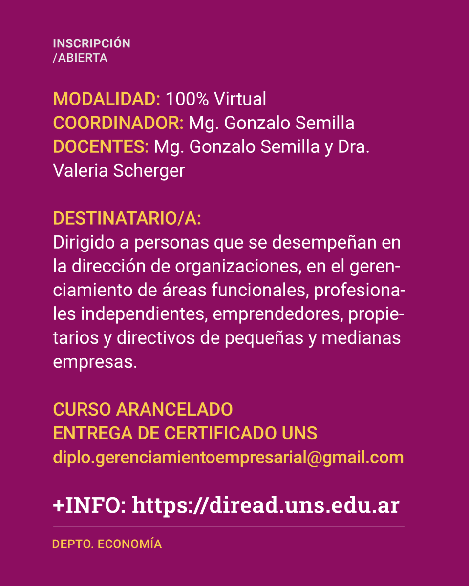 direaduns's tweet photo. 📢 Inscripciones abiertas | Diplomatura en Gerenciamiento Empresarial
🎓 Formación integral en gestión y liderazgo.

💻 100% virtual | ⏳ 6 meses
📅 Inicio: 4/05

🔗 https://t.co/hluyUFEb7U
#UNS #Gestión #Formación https://t.co/dzLECClrad