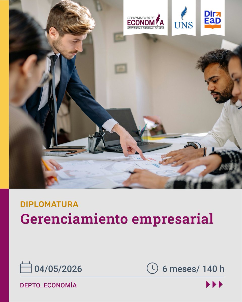 direaduns's tweet photo. 📢 Inscripciones abiertas | Diplomatura en Gerenciamiento Empresarial
🎓 Formación integral en gestión y liderazgo.

💻 100% virtual | ⏳ 6 meses
📅 Inicio: 4/05

🔗 https://t.co/hluyUFEb7U
#UNS #Gestión #Formación https://t.co/dzLECClrad