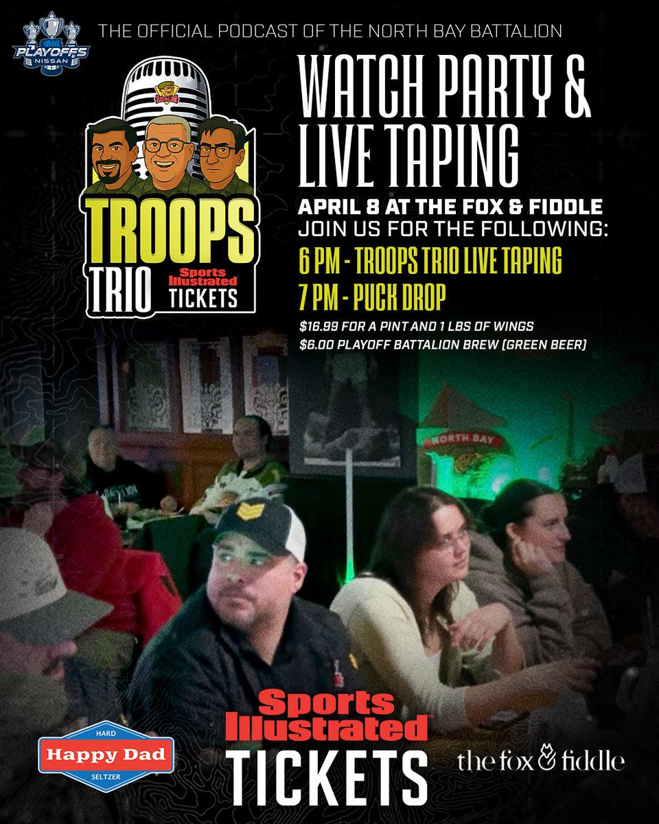 OHLBattalion's tweet image. #7thMan join us for a Playoff Watch Party TOMORROW NIGHT.

📍The Fox &amp;amp; Fiddle 
🕖 6:00 PM Troops Trio | 7:00 PM Game 1
🎉 Prizes all night long 

See you there 🫡