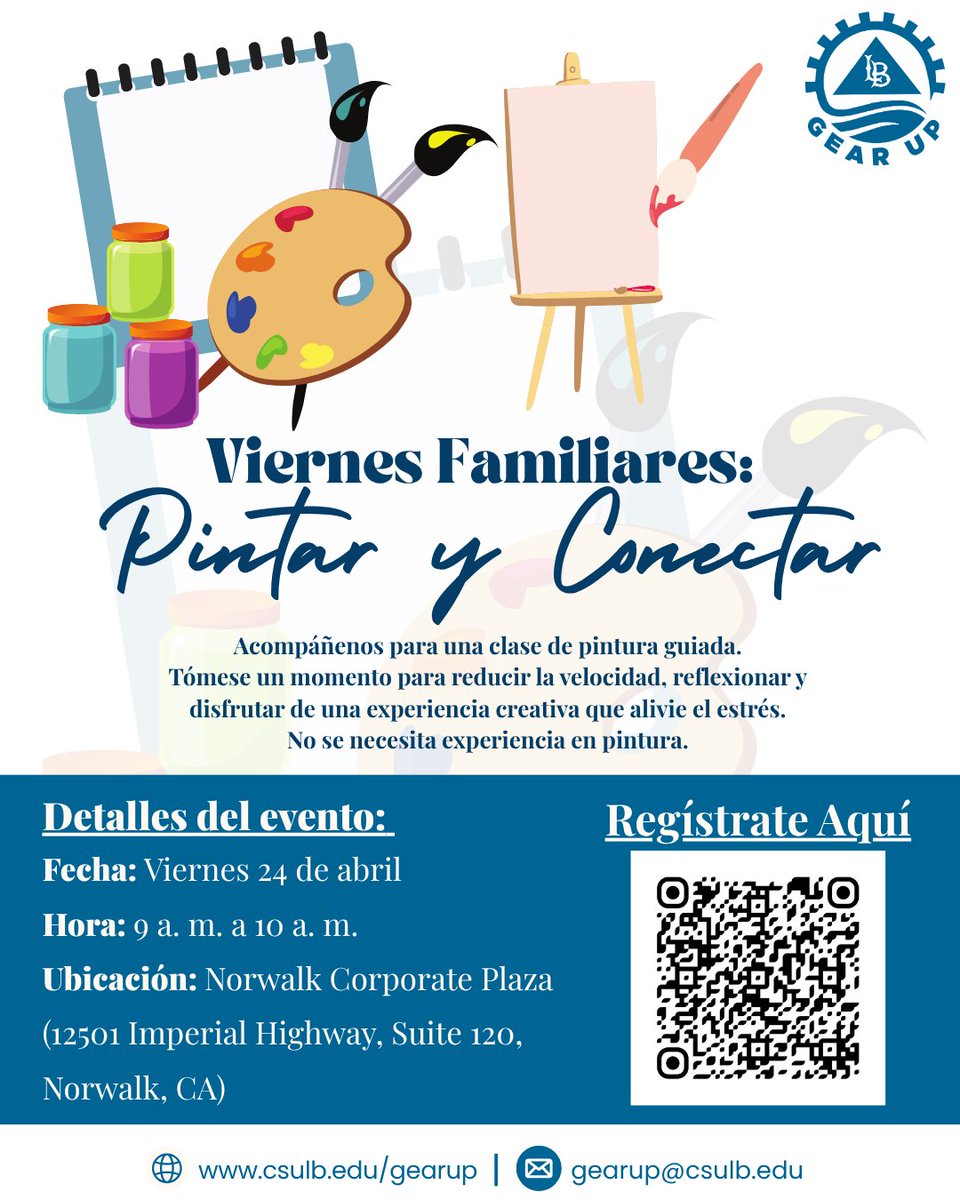 GEAR UP families 🎨 Join us for a relaxing Paint &amp; Connect event!

Unwind, get creative, and connect with other parents—no experience needed. Spots are limited, so sign up soon!

#LongBeachGEARUP #NorwalkLaMirada #GEARUPWORKS