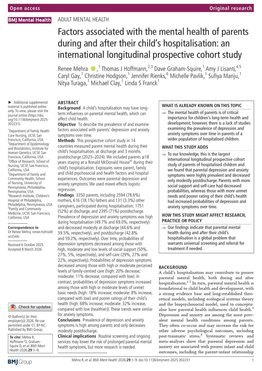 BMJMentalHealth's tweet image. 🔊New Research in @BMJMentalHealth 👇🏼
#Parents face high levels of #depression (49.7%) &amp;amp; #anxiety (69.0%) during a #child’s #hospitalisation, with only modest improvement after discharge. 

#Social #support, self-care &amp;amp; family-centred care #help, but unmet needs worsen #outcomes.