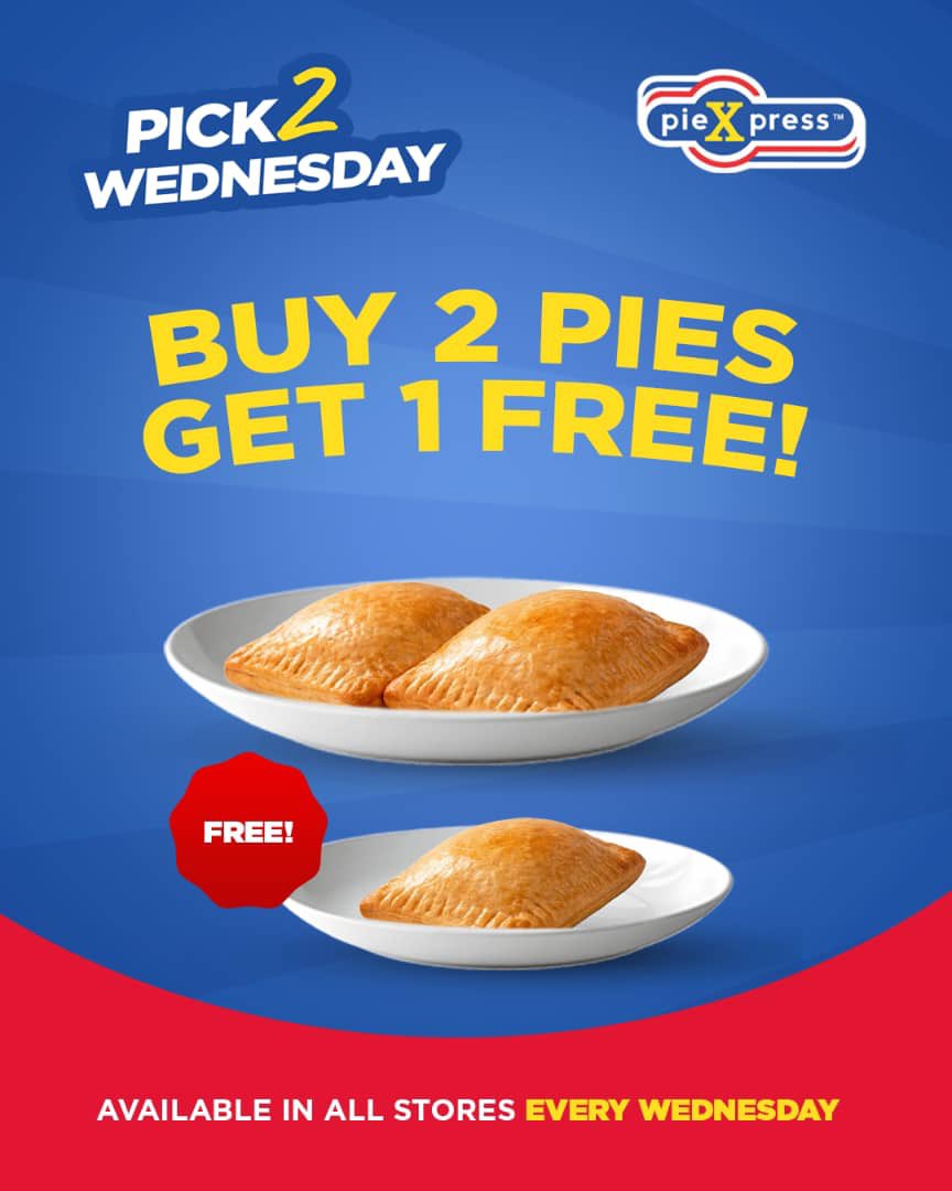 Piexpress_NG's tweet photo. The rumour is true!!!

We give out free pies every Wednesdays, 

When you buy 2 you get 1 free! Come along tomorrow and experience it for yourself https://t.co/HqQ3JYNtd8