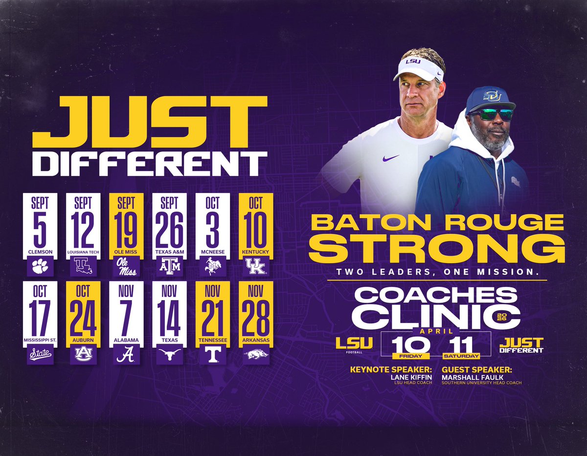 LSUfootball's tweet photo. Lane Kiffin and Marshall Faulk headline the 2026 Coaches Clinic 

Register: 🔗 https://t.co/OiDsHvvDYR https://t.co/q5G9Yki2ND