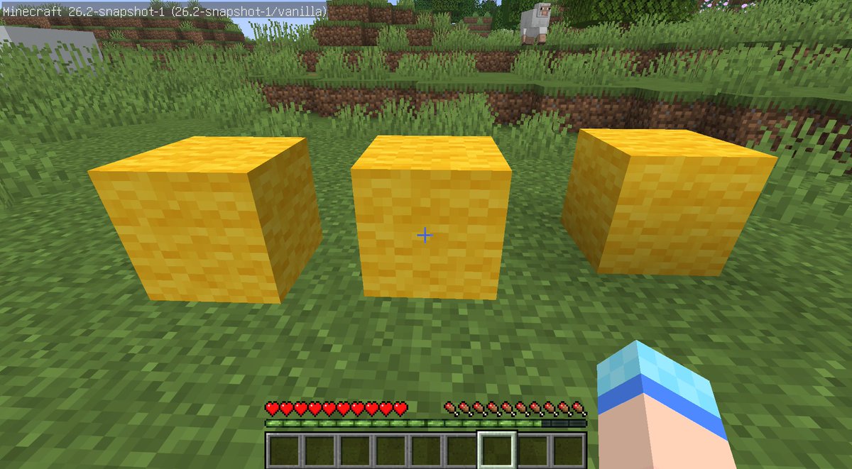 abc_kuma1025's tweet image. 【26.2-snapshot-1】
左：ブロック表示エンティティ(block_display)
中央：サルファーキューブ(Sulfur Cube)
右：黄色の羊毛[本物]
...もう見分けがつかないね～😇