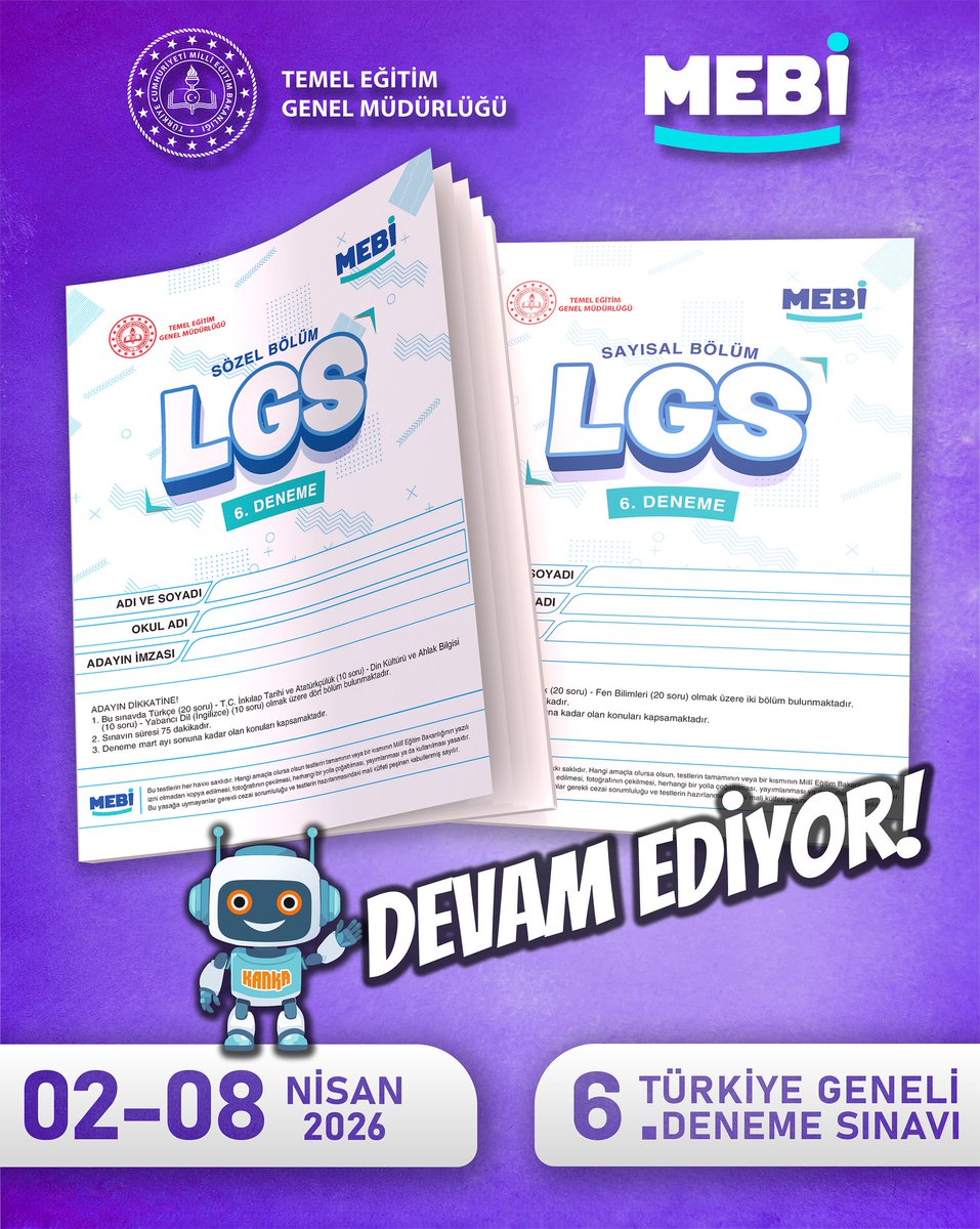6. Türkiye Geneli Deneme Sınavı devam ediyor!
🎯 Gerçek sınav deneyimini yaşa
📊 Seviyeni gör, eksiklerini fark et
🚀 Hedefine bir adım daha yaklaş

Unutma; başarı, düzenli çalışma ve doğru analizle gelir.
MEBİ yanında, hedefin ulaşılabilir! 🌟