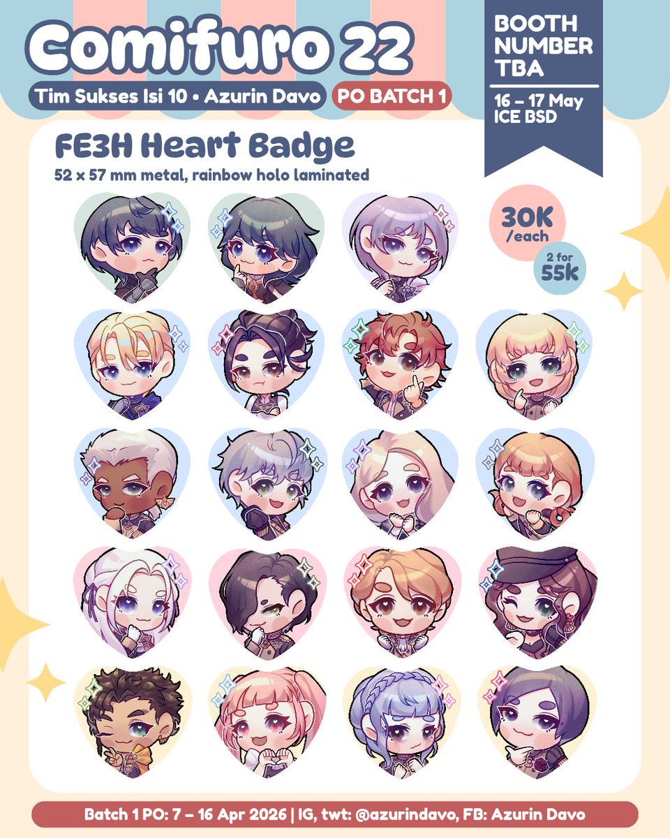 AzurinDavo's tweet photo. [❤️&amp;🔁 are very appreciated]

CF22 PO Batch 1 is now open!! ✌️🎉

📆 7-16 April 2026
🛍 Mail order and OTS (both days)
⭐ Fire Emblem: Three Houses
🌏 International order available after CF22
🖇 PO form in reply!

#comifuro22 #cf22 #cf22catalogue https://t.co/2M4Xr8aLHz