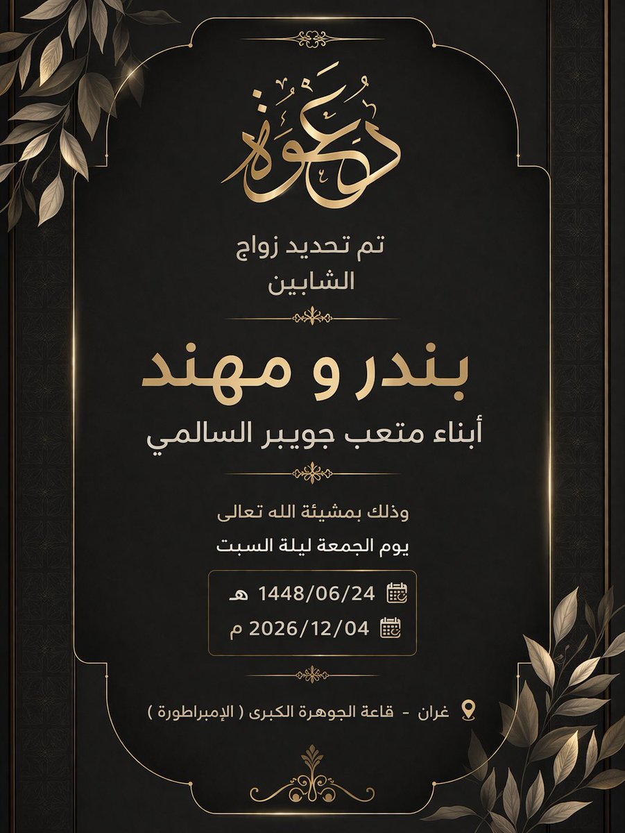 www_993's tweet photo. تم تحديد زواج
الشابين

بندر و مهند

أبناء متعب جويبر السالمي

بارك الله لهما وبارك عليهما، وجمع بينهما في خير، ورزقهما السعادة والتوفيق في حياتهما القادمة https://t.co/nqAxFXudMU