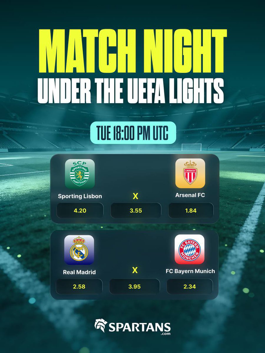 SpartansBet's tweet image. There is just something different about Champions League nights.

The lights, the tension, the feeling that anything can happen. Two massive games tonight, who have you got? ⚽✨

📆 Tonight | ⏰ 18:00 PM UTC.

Play. Bet. Win Big.

#Spartans #UEFA #League #BigWin