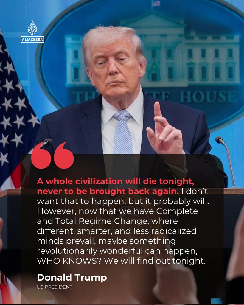 NoorIsalam1997's tweet photo. US President Donald Trump has threatened Iran again, saying "a whole civilization will die tonight" as his deadline to open the Strait of Hormuz looms.

🔴LIVE updates: https://t.co/us98Xgbrzw https://t.co/wejz7ZeofB
